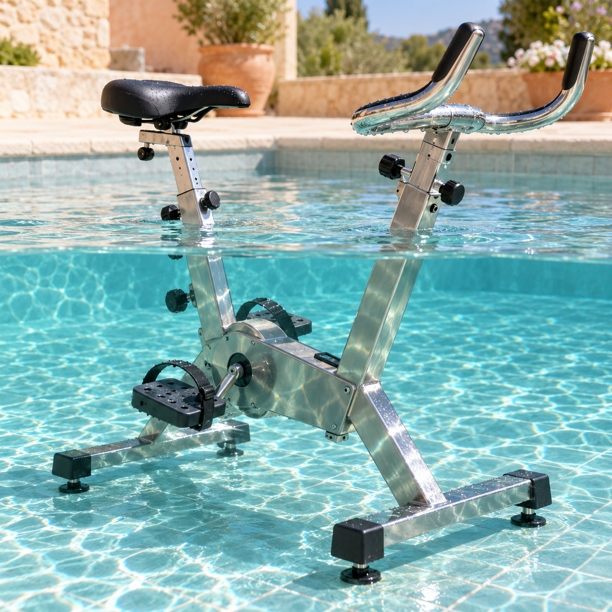 Illustration IA du vélo aquatique et de son matériel immergé