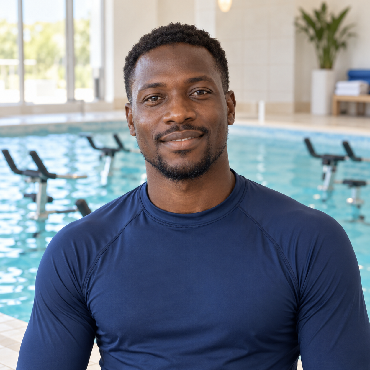 Portrait généré par IA de Malick, coach d’aquabike fictif